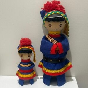 Vintage Folk Art Dolls Handmade Blue Red Yellow Wool Scandinavian Style Set of 2